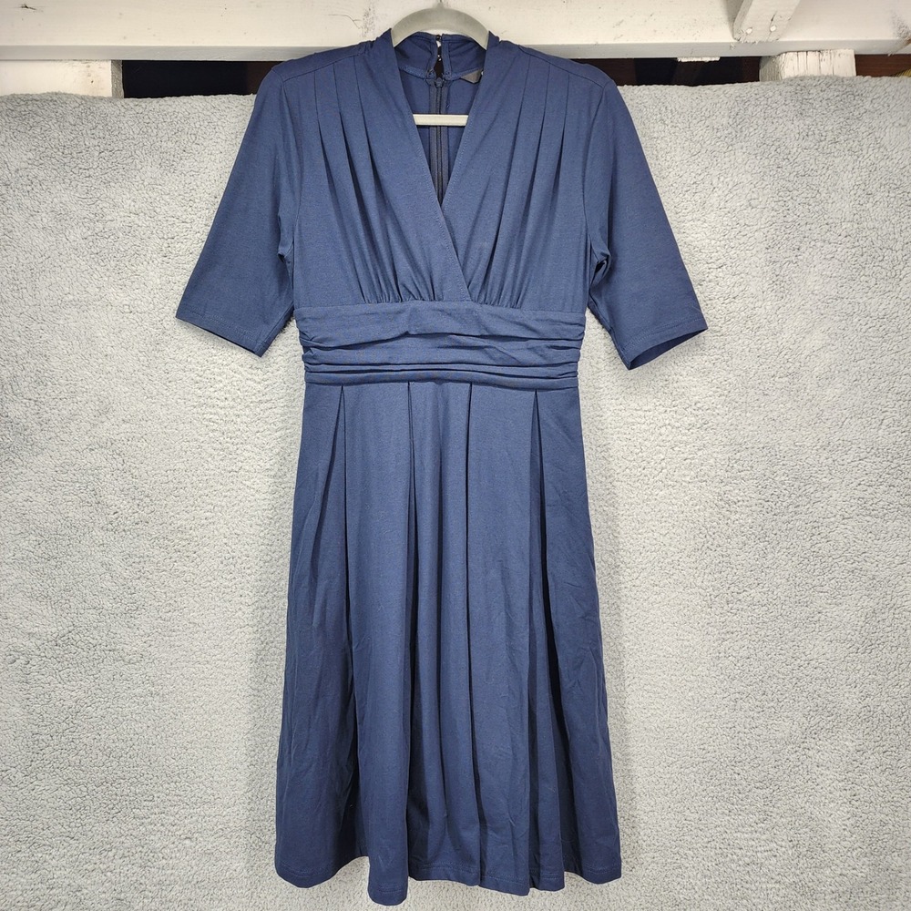 eShakti Custom Women's Small Navy Blue Cotton Spandex V Neck Midi‎ Dress